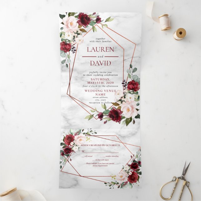 Copper Marble Geometric Burgundy Photo Tri-Fold Invitation (Inside)