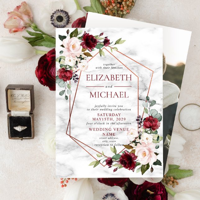 Copper Marble Geometric Burgundy Photo Wedding Invitation (Creator Uploaded)