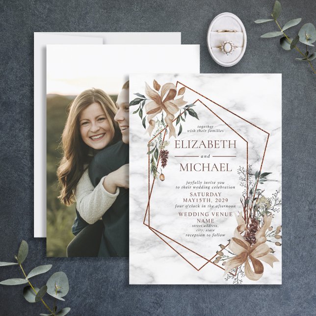 Copper Marble Geometric Photo Winter Wedding Invitation (Creator Uploaded)