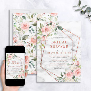 Copper Marble Geometric Pink Floral Bridal Shower Invitation