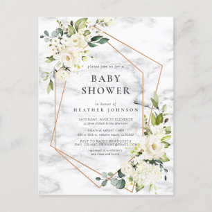Copper Marble Geometric White Floral Baby Shower Announcement Postcard