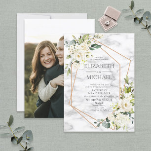 Copper Marble Geometric White Floral Photo Wedding Invitation