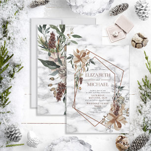 Copper Marble Geometric Winter Greenery Wedding Invitation