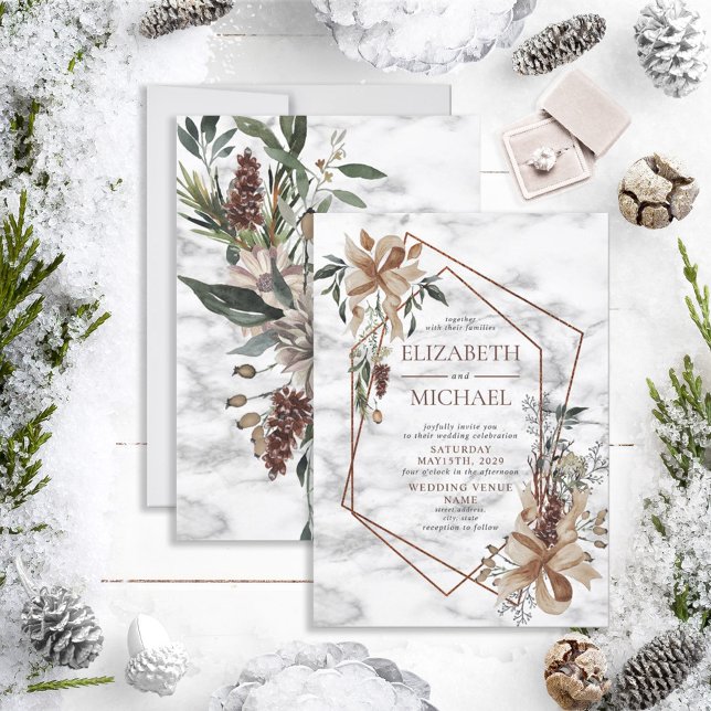 Copper Marble Geometric Winter Greenery Wedding Invitation (Creator Uploaded)
