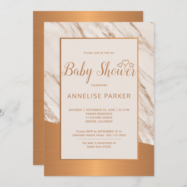 Copper marble trendy glam elegant baby shower invitation (Front/Back)