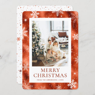 Copper Merry Christmas Snowflake Snow Photo Holiday Card