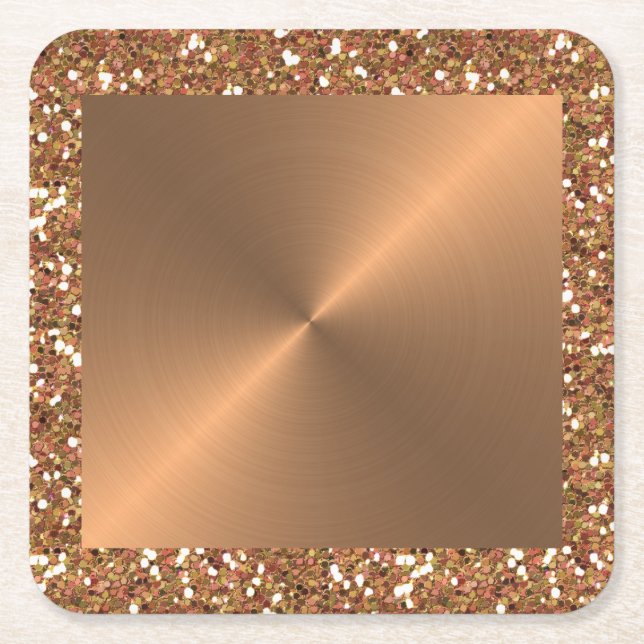 Copper Metal Look Circular Metallic Glitter Glam Square Paper Coaster (Front)