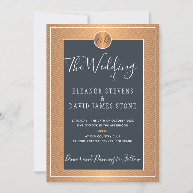 Copper Metallic Navy Blue Elegant Monogram Wedding Invitation (Front)