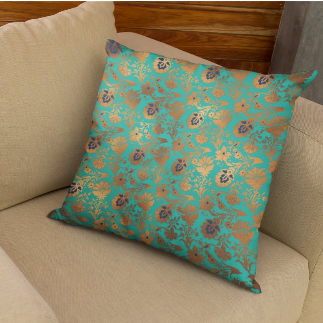 Copper Metallic Teal Patina Floral Blue Cushion (Creator Uploaded)