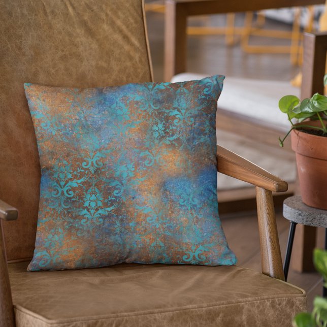 Copper Metallic Teal Patina Floral Blue Throw Pill Cushion (Creator Uploaded)