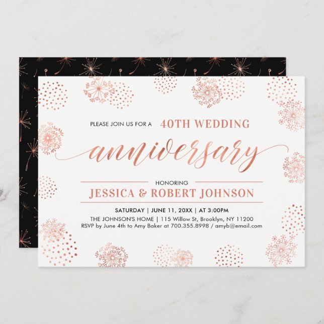 Copper | Modern Floral 40th Wedding Anniversary Invitation (Front/Back)