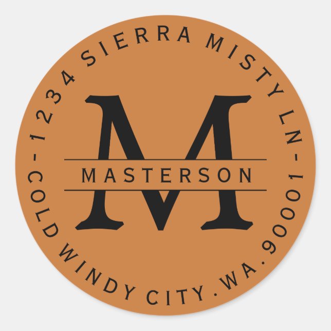 Copper Orange Monogram Circular Address Labels (Front)