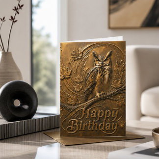 Copper Owl Abstract Leaves Nature Birthday Card