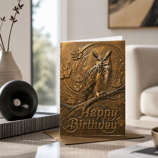  Copper Owl Abstract Leaves Nature Birthday Card (Creator Uploaded)