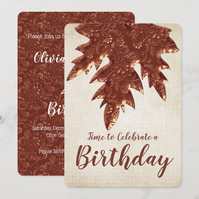 Copper Paisley Fall Season Leaf Birthday Party Invitation (Front/Back)