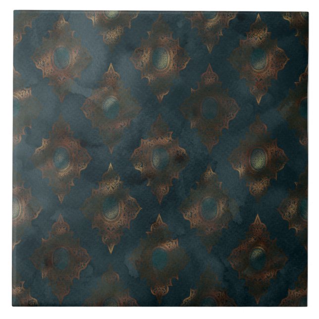 Copper Patina Damask Watercolor Pattern  Tile (Front)