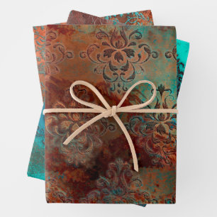 Copper Patina Rusted Damask  Wrapping Paper Sheet