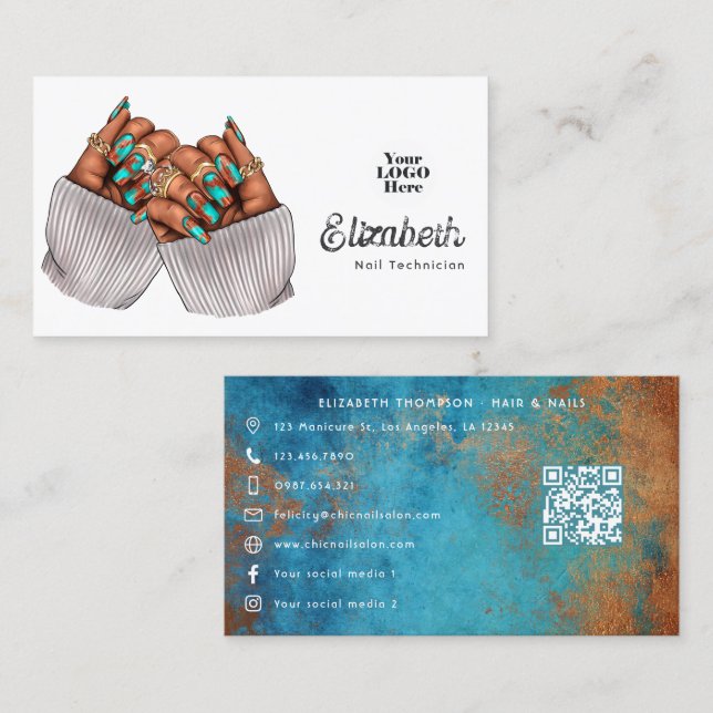 Copper Patina Turquoise Grunge Black Woman Salon Business Card (Front/Back)