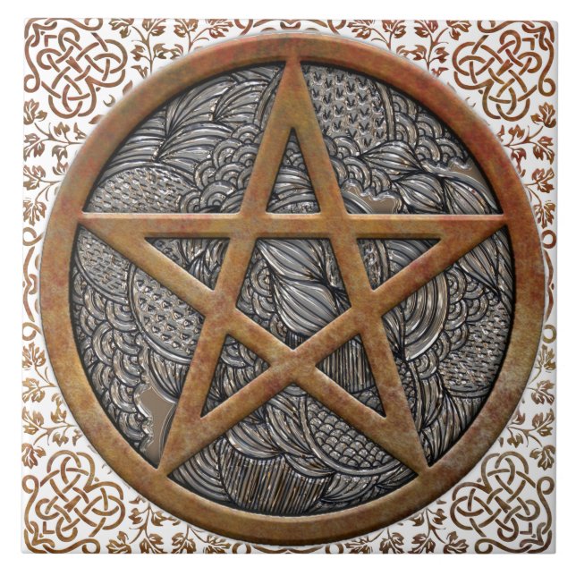 Copper Pentacle Coin & Celtic Knot Border Square Tile (Front)
