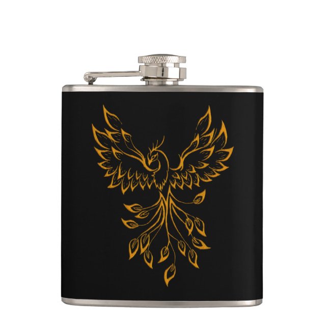 Copper Phoenix Rises on Black  Hip Flask (Front)