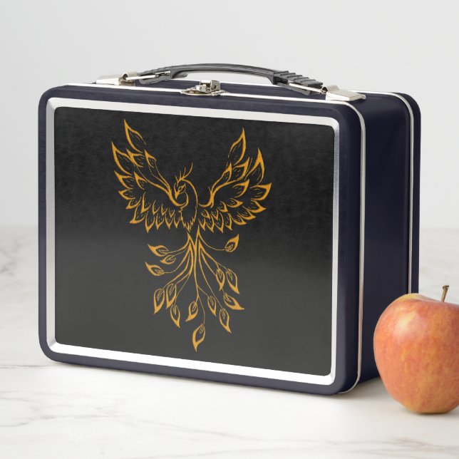 Copper Phoenix Rises on Black  Metal Lunch Box (In Situ)