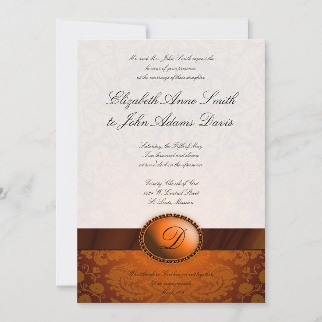 Copper Ribbon Damask Wedding Invitation (Front)