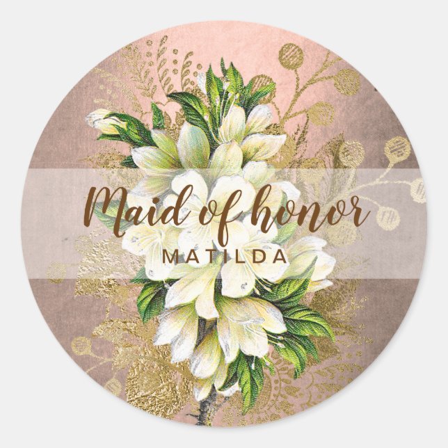 Copper rose gold floral maid of honour classic round sticker (Front)