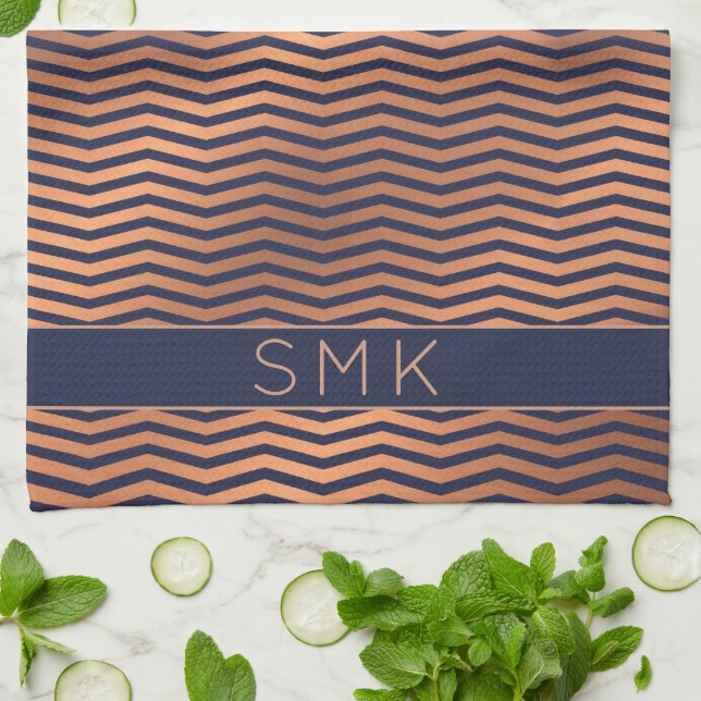 Copper Rose Gold Foil Chevron Navy Blue Monogram Tea Towel (Folded)