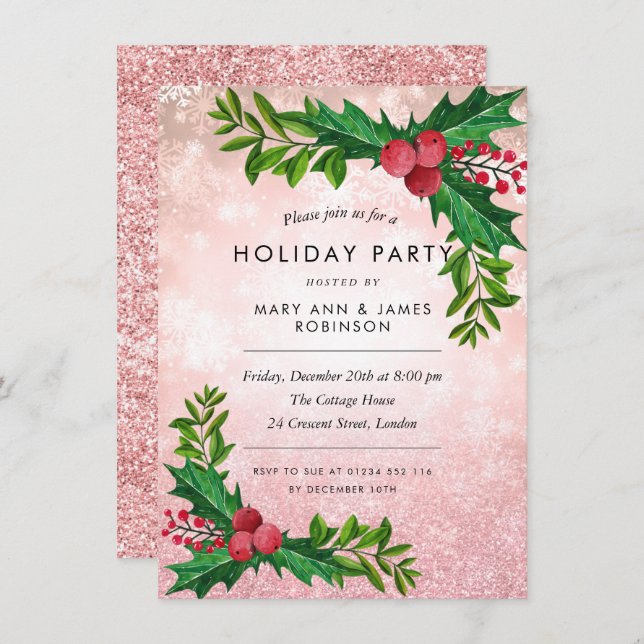 Copper Rose Gold Glitter Holiday Party  Invitation (Front/Back)