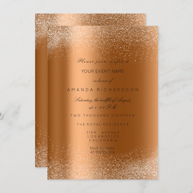 Copper Rose Gold Glitter Leafs Sand Frame Glam Invitation (Front/Back)