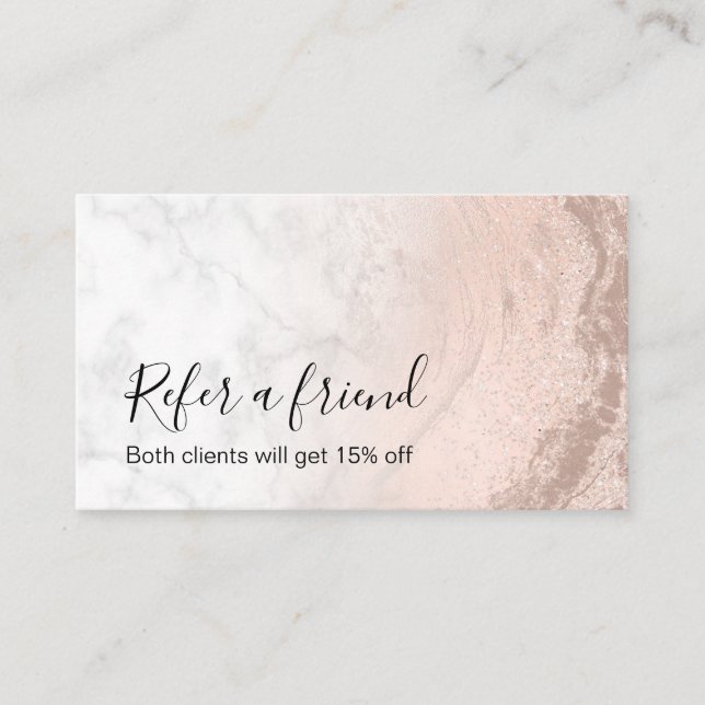 Copper rose gold glitter marble makeup artist referral card (Front)