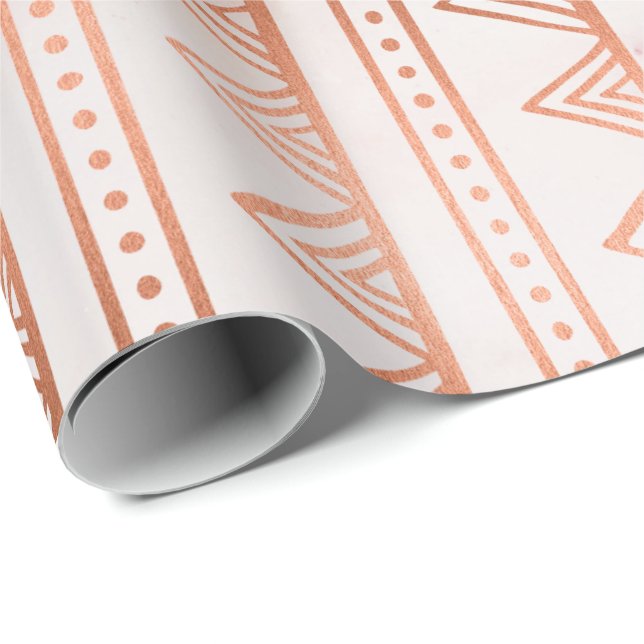 Copper Rose Gold Marble Tribal Stripes White Line Wrapping Paper (Roll Corner)