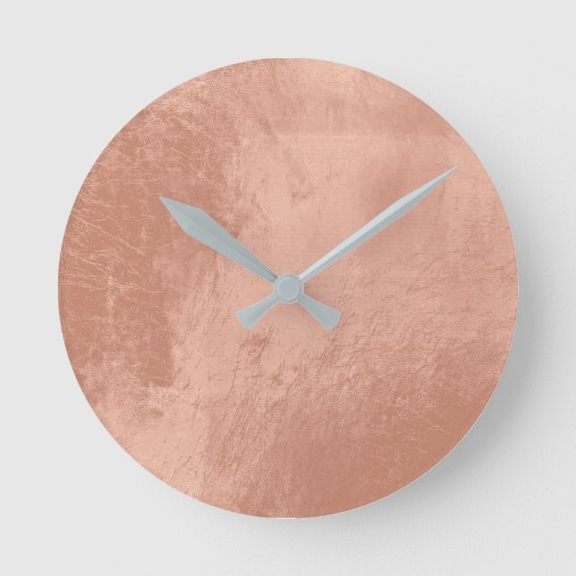 Copper Rose Gold Metallic Glass Grey Minimal Round Clock (Front)