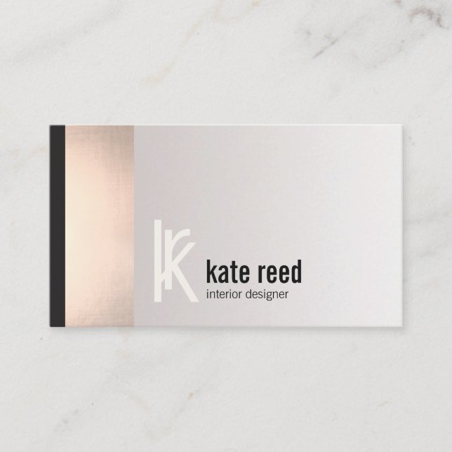 Copper Rose Gold Stripe Square Monogram Business Card (Front)