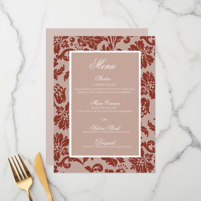 Copper rust damask wedding flat menu (Front/Back In Situ)