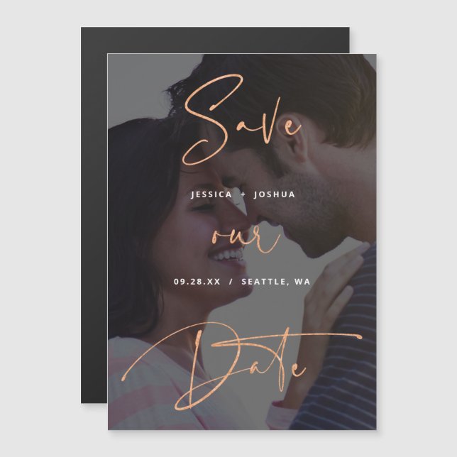 Copper Script Vellum Look Photo Save the Date Magnetic Invitation (Front/Back)