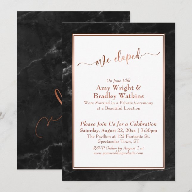 Copper Script We Eloped, Black Marble Celebration Invitation (Front/Back)
