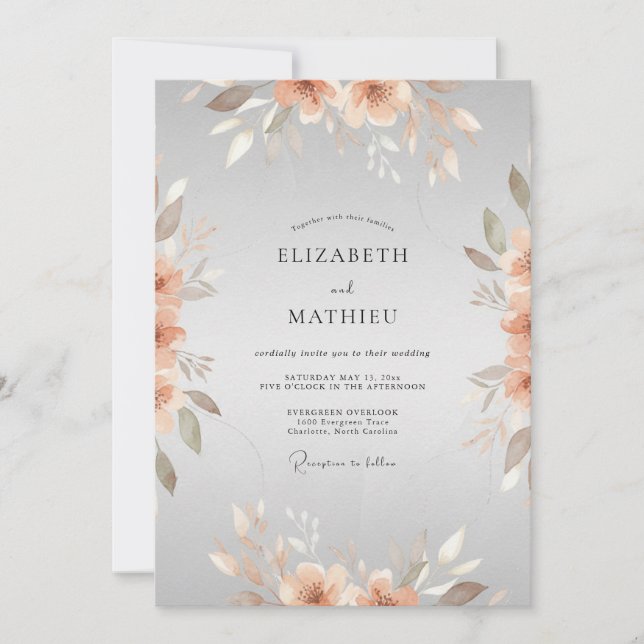 Copper Silver Peony Wedding Invitation (Front)