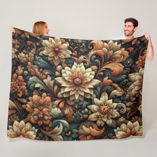 Copper Slate Blue Cream Abstract Floral Fleece Blanket (In Situ)