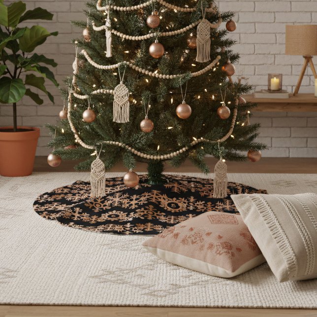 Copper Snowflakes Monogram on Black Tree Skirt (Add a touch of modern bohemian style to your holiday.)