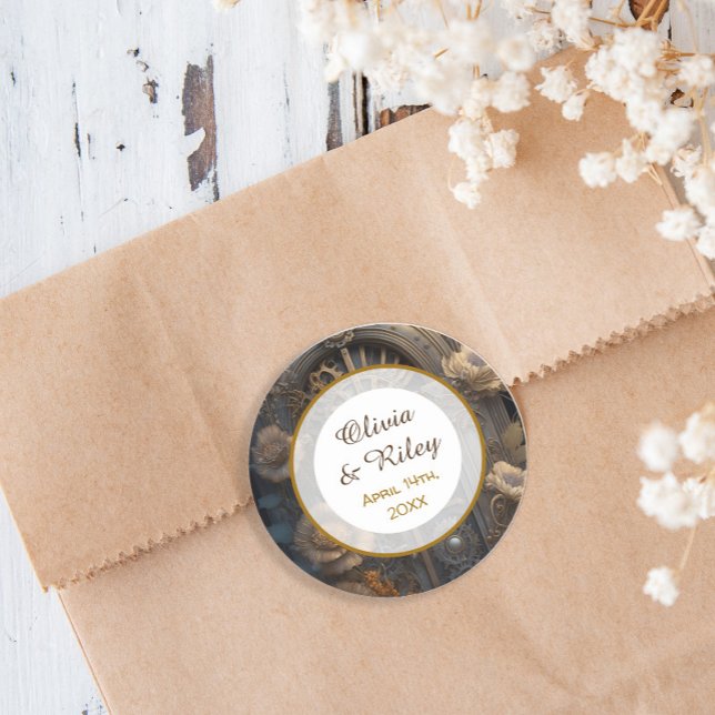 Copper Steampunk Unique Wedding   Classic Round Sticker (Creator Uploaded)