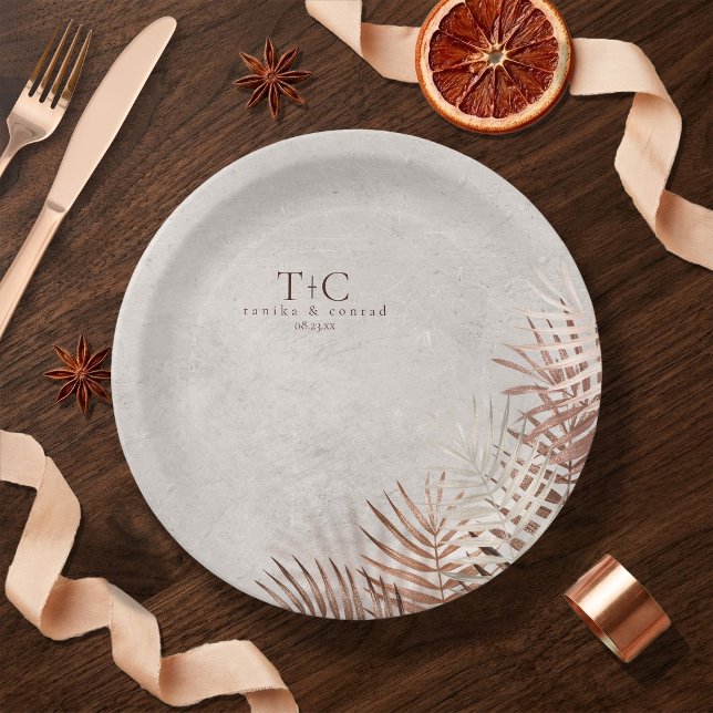 Copper Sunset Palm Leaves on Stone ID1323 Paper Plate (Creator Uploaded)