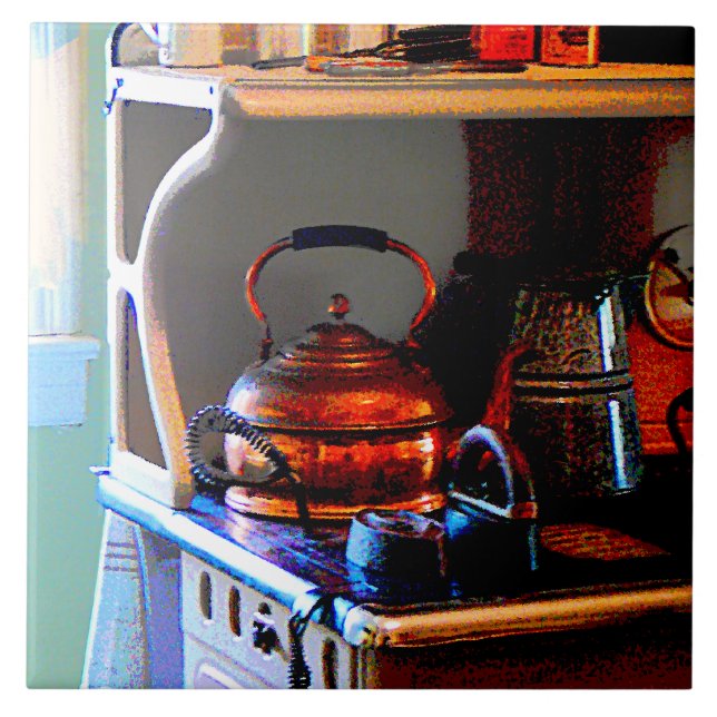 Copper Tea Kettle on Stove Tile (Front)