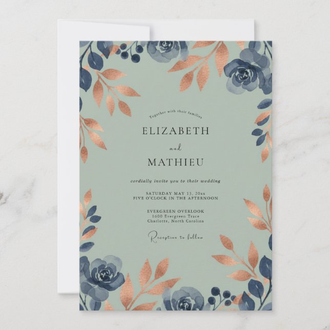 Copper Teal Foliage Eucalyptus Wedding Invitation (Front)