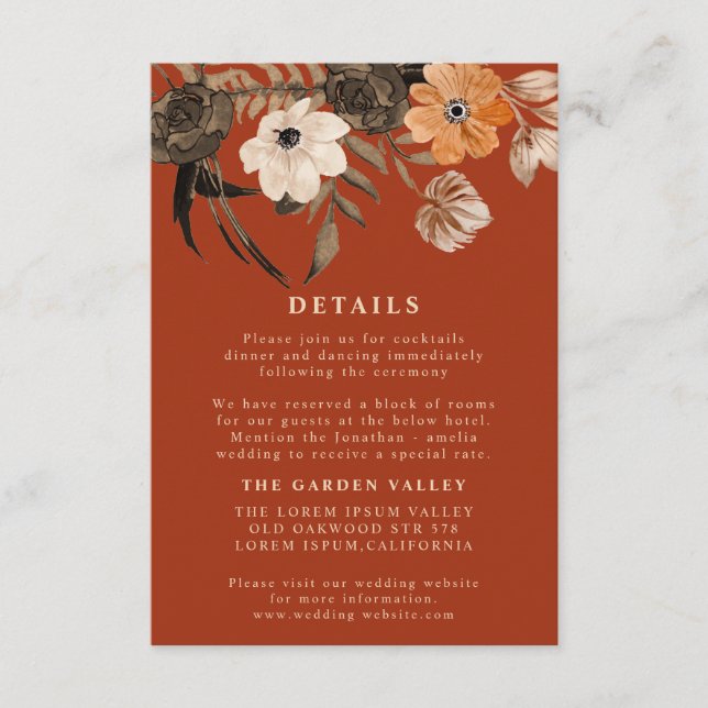 Copper terracotta floral Fall Wedding details Enclosure Card (Front)
