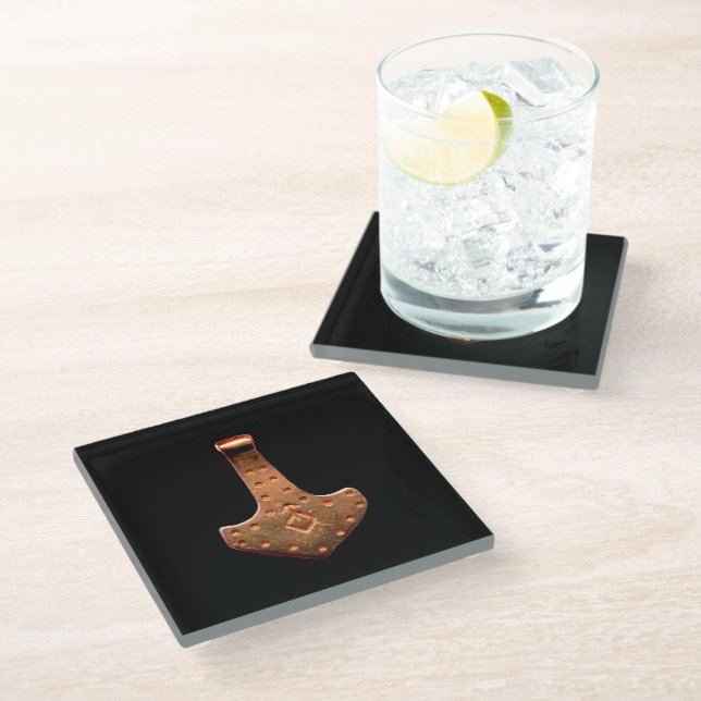 Copper Thor Hammer black glass coaster (Angled)