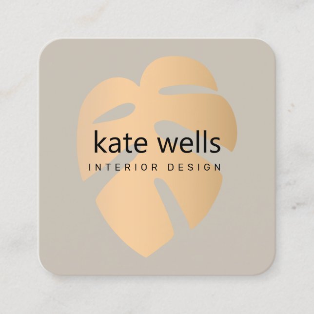 Copper Tropical Leaf  Interior Decorator Square Business Card (Front)