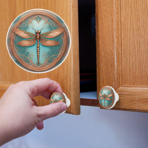 Copper Turquoise Framed Dragonfly Ceramic Knob