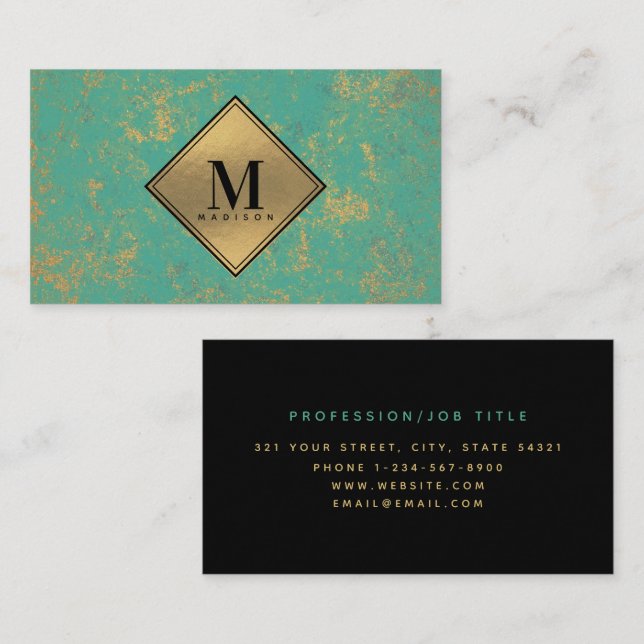 Copper Turquoise Gold Metallic Texture Monogram Business Card (Front/Back)