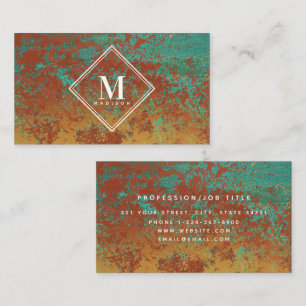 Copper Turquoise Metallic Texture Monogram Initial Business Card